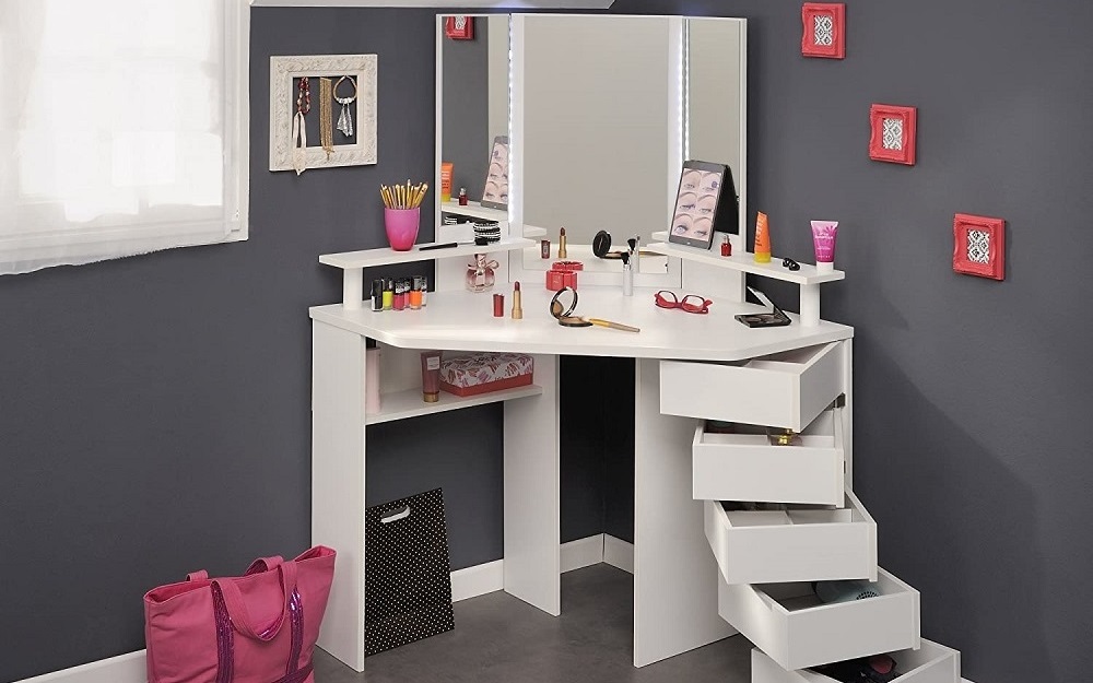 Table de maquillage d'angle coiffeuse avec miroir et led + tabouret gris  clair ML DESIGN Pas Cher 